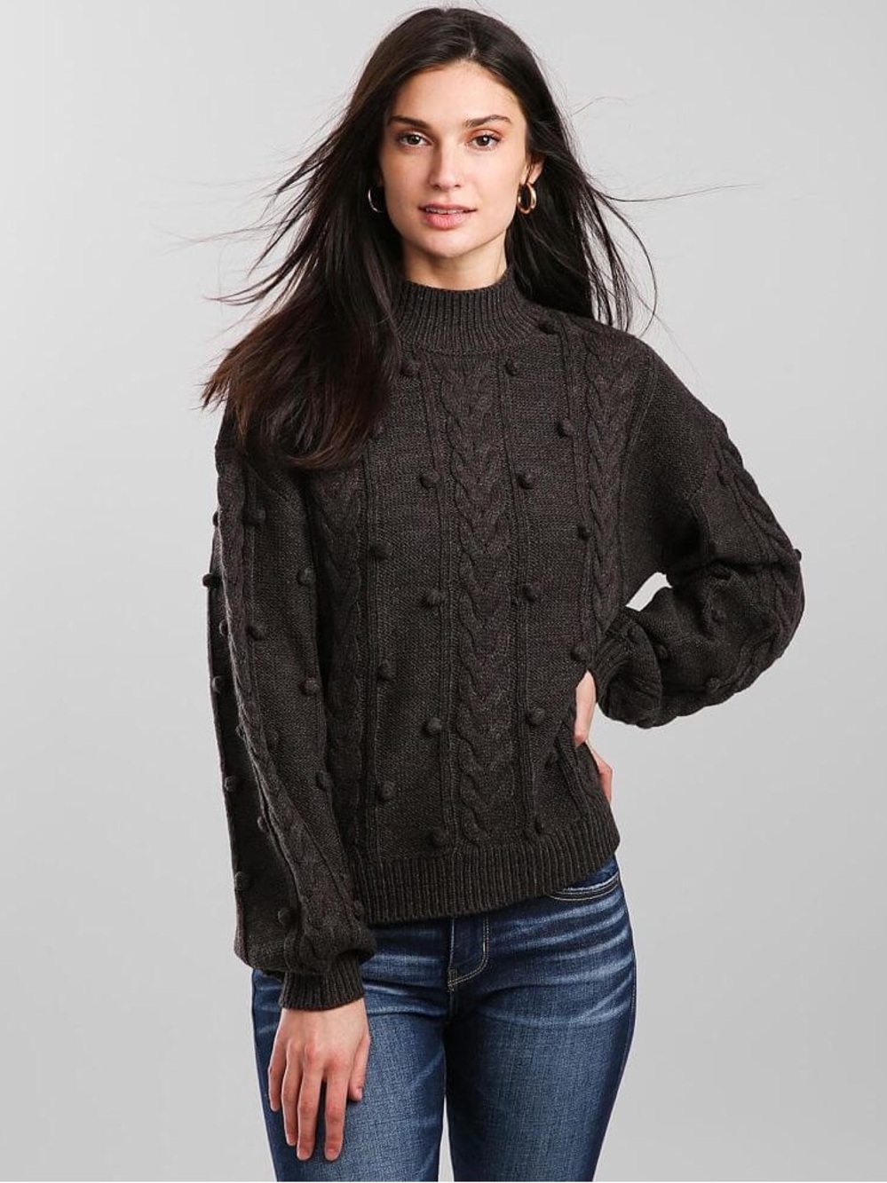 CLOTH BY RD Buckle Ash Grey Cable Knit Bobble Mock Neck Sweater Medium - Picture 2 of 5